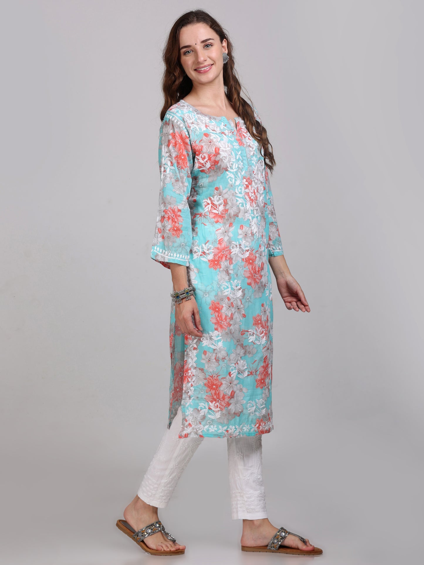Soft & Breezy Mul Mul Floral Printed Chikankari Straight Kurta Paired With Chikankari Lycra Stretchable Trouser