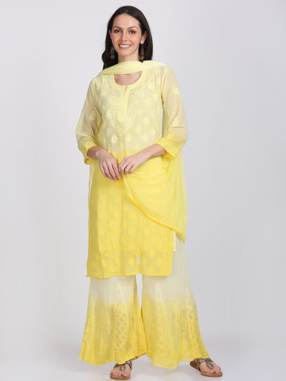 Chikankari Ombre Dyed Kurta,Sharara,Dupatta On Chiffon Fabric With Inner