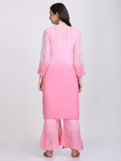 Chikankari Ombre Dyed Kurta,Sharara,Dupatta On Chiffon Fabric With Inner