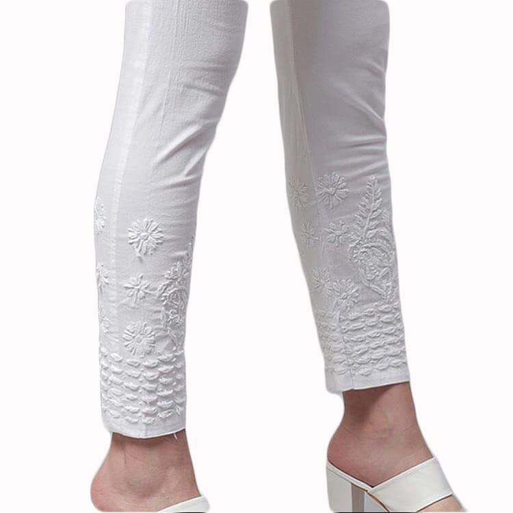 Chikankari Hand-Embroidered Lycra Stretchable Trousers With Both Side Pockets