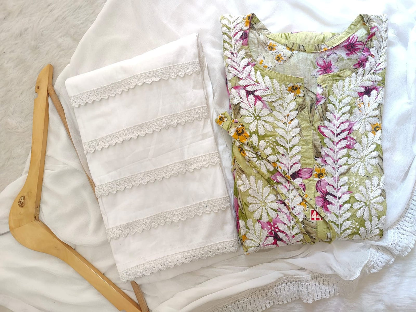 Soft Mul-Mul Chikankari Long Gowns Floral Print With Trouser & Dupatta