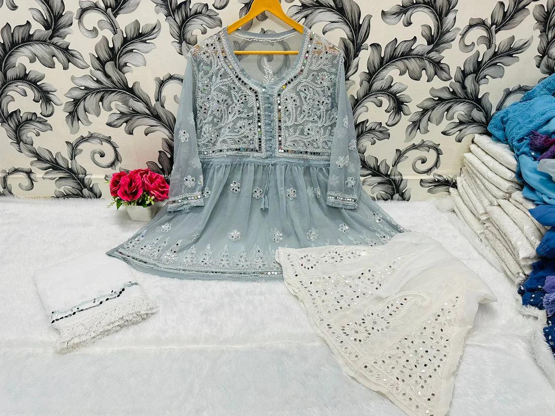 Chikankari Mirror Work Short Gown Paired With Mirror Work Sharara and Mirror Work Dupatta