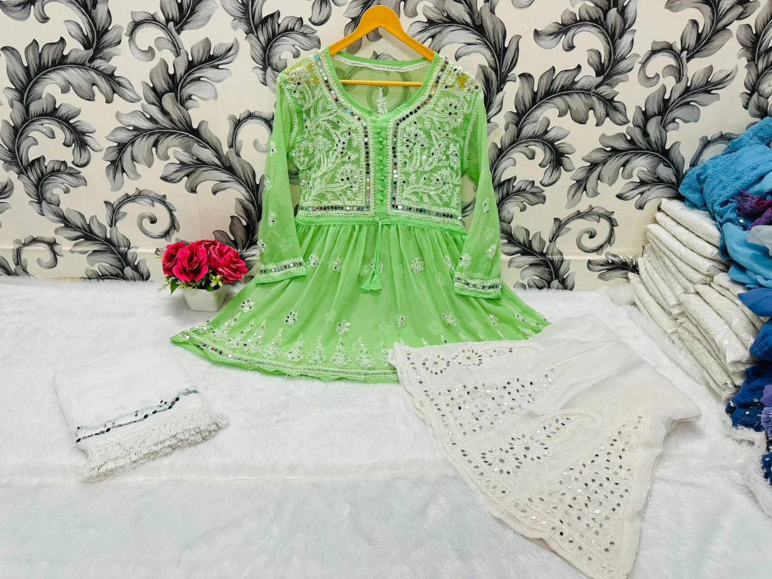 Chikankari Mirror Work Short Gown Paired With Mirror Work Sharara and Mirror Work Dupatta